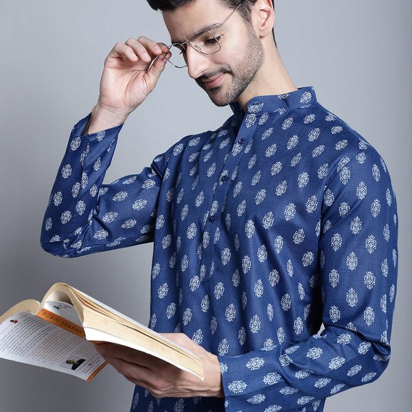 Jompers Men's Cotton Floral printed Kurta Only - Navy Blue - Distacart