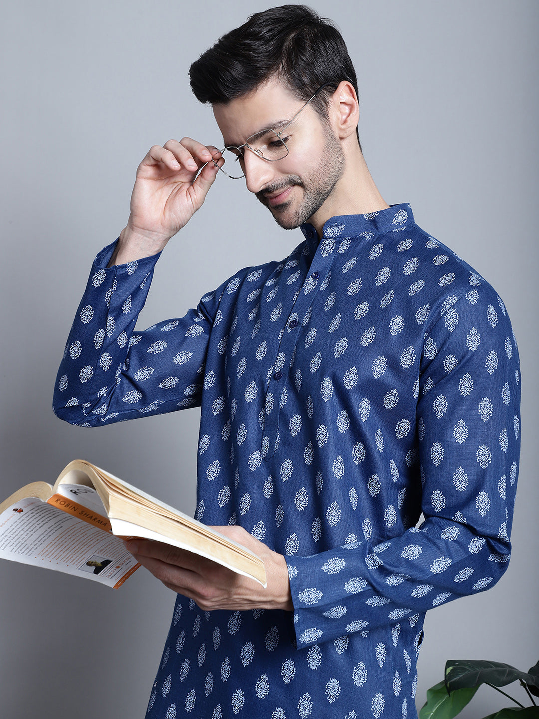 Jompers Men's Cotton Floral printed Kurta Only - Navy Blue - Distacart