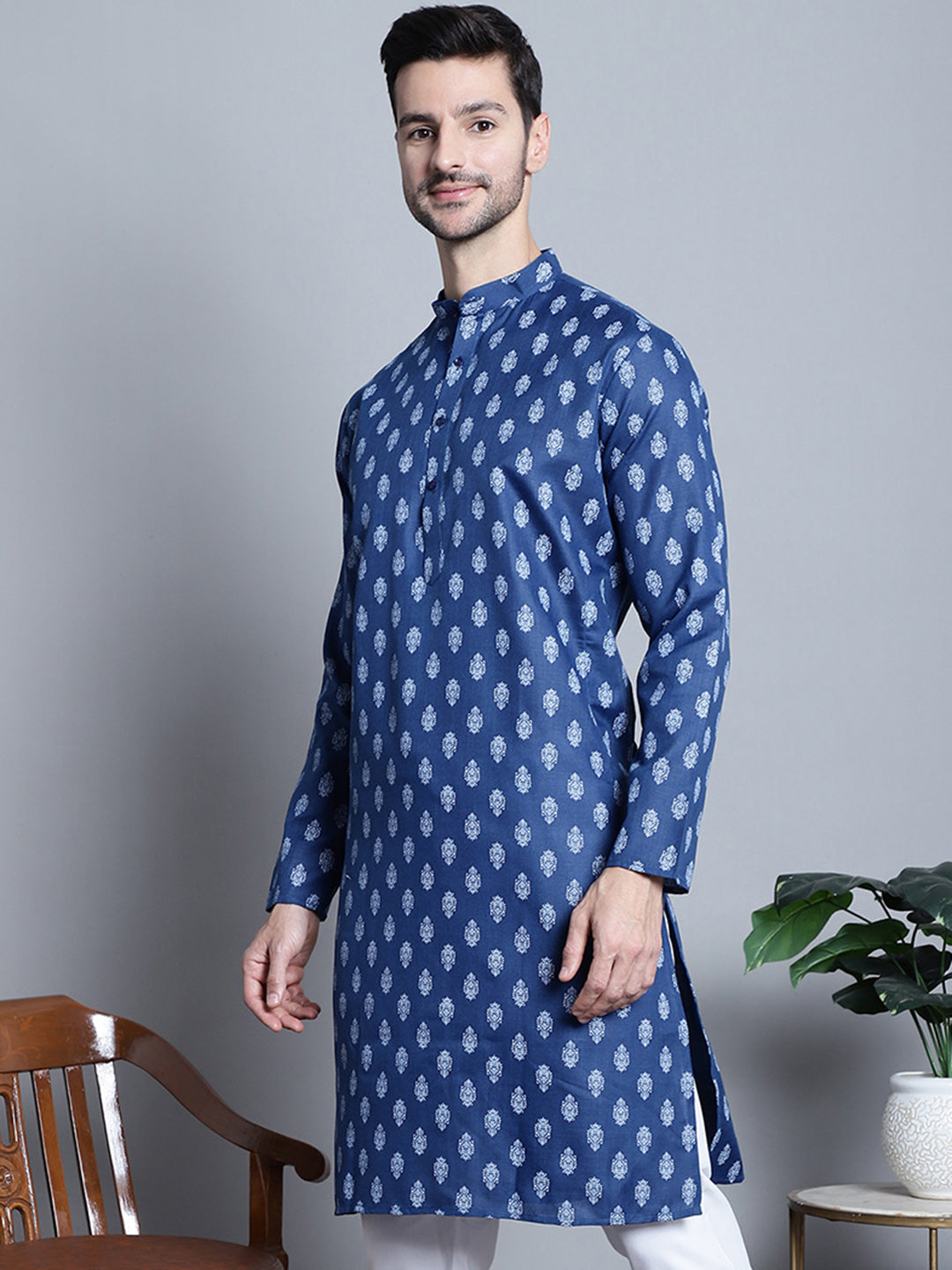 Jompers Men's Cotton Floral printed Kurta Only - Navy Blue - Distacart