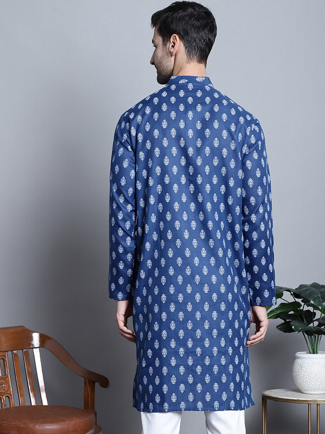 Jompers Men's Cotton Floral printed Kurta Only - Navy Blue - Distacart