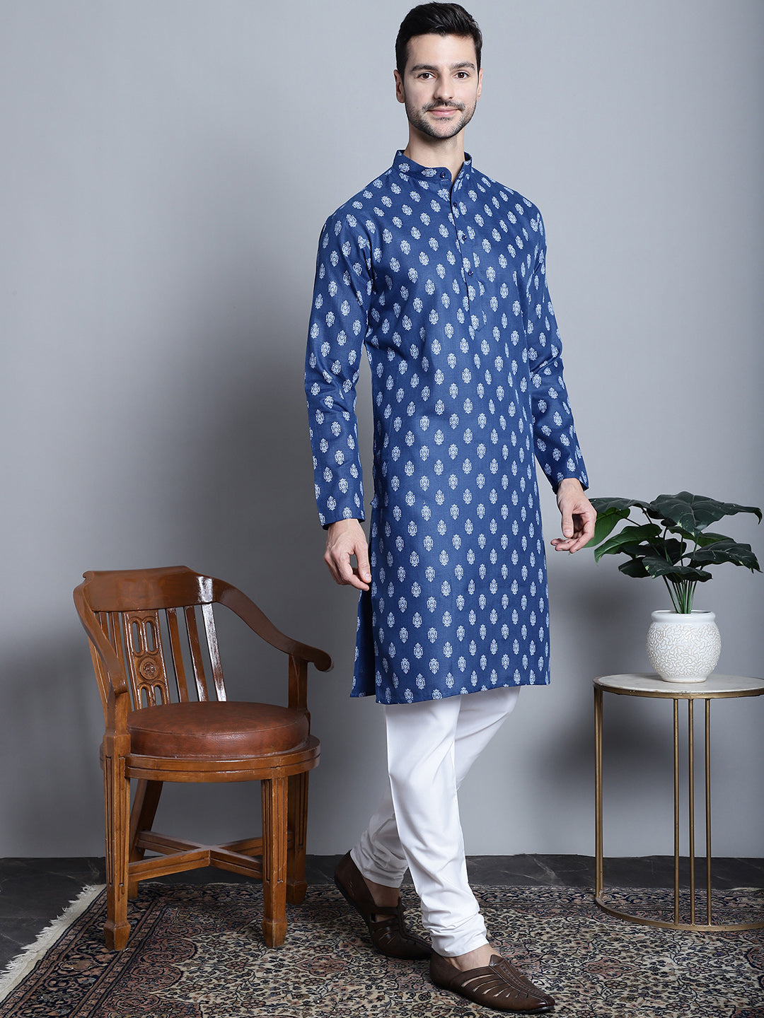 Jompers Men's Cotton Floral printed Kurta Only - Navy Blue - Distacart