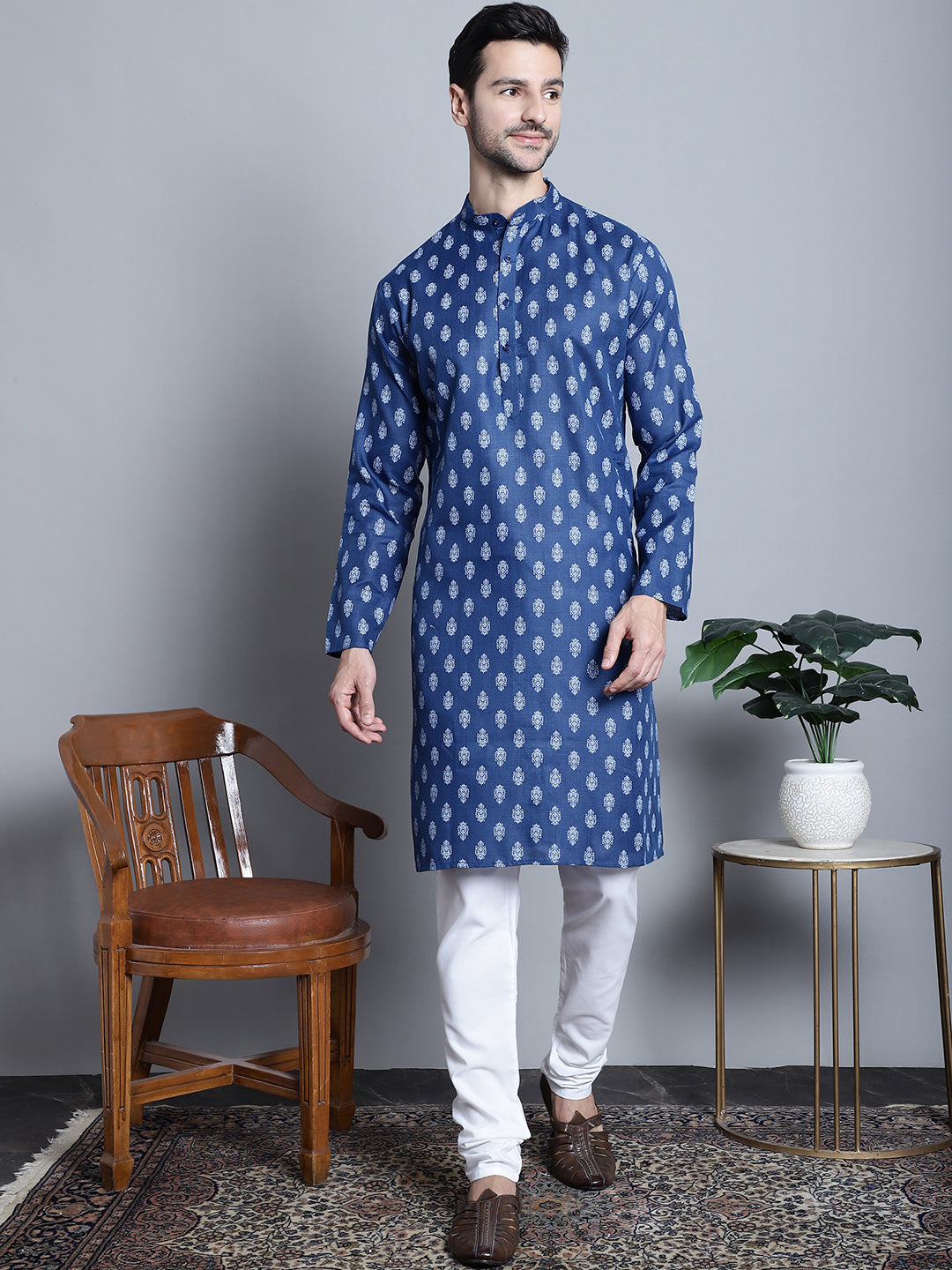 Jompers Men's Cotton Floral printed Kurta Only - Navy Blue - Distacart