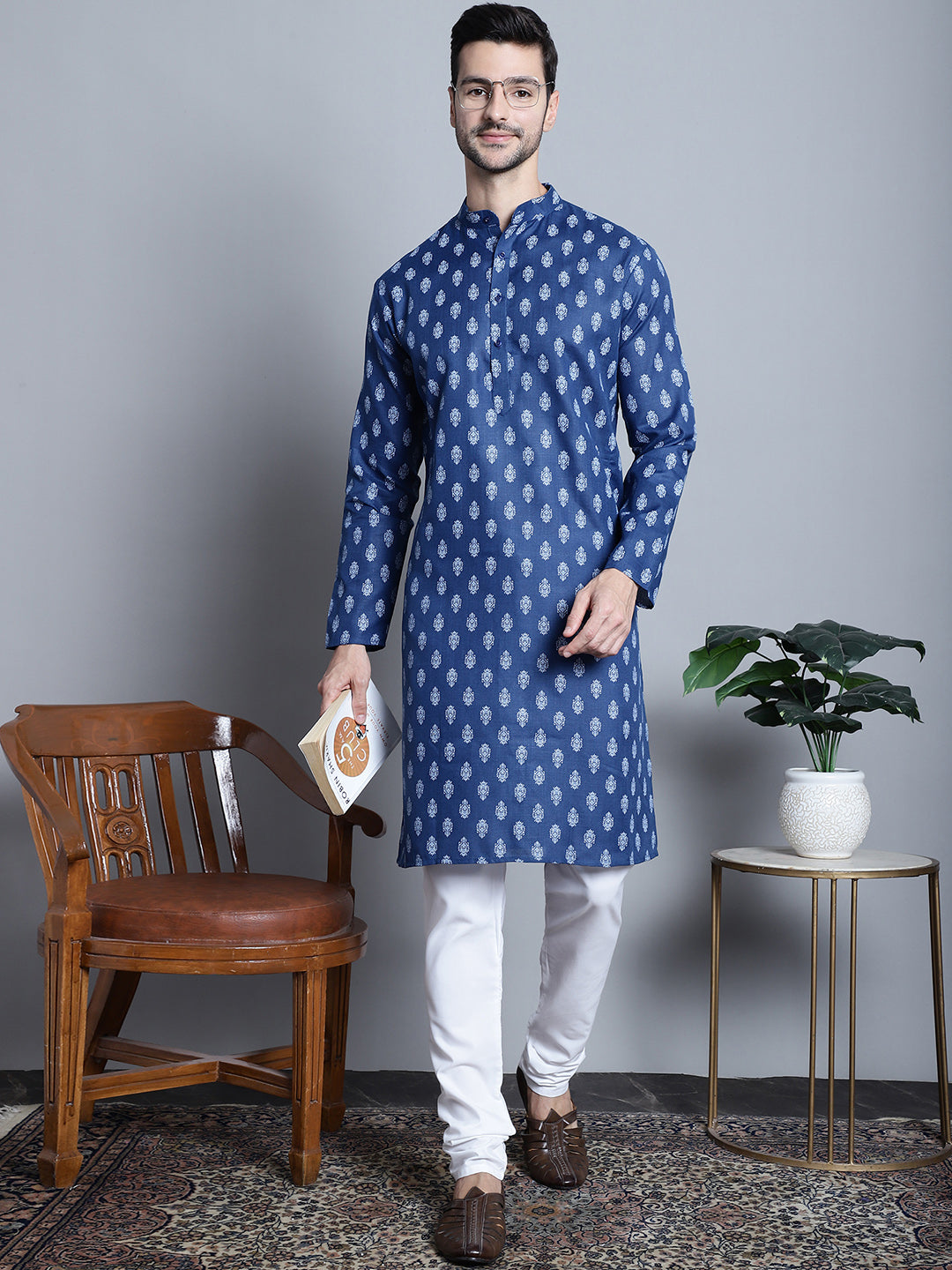 Jompers Men's Cotton Floral printed Kurta Only - Navy Blue - Distacart