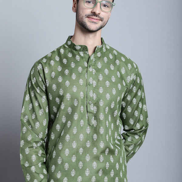 Jompers Men's Cotton Floral printed Kurta Only - Olive - Distacart