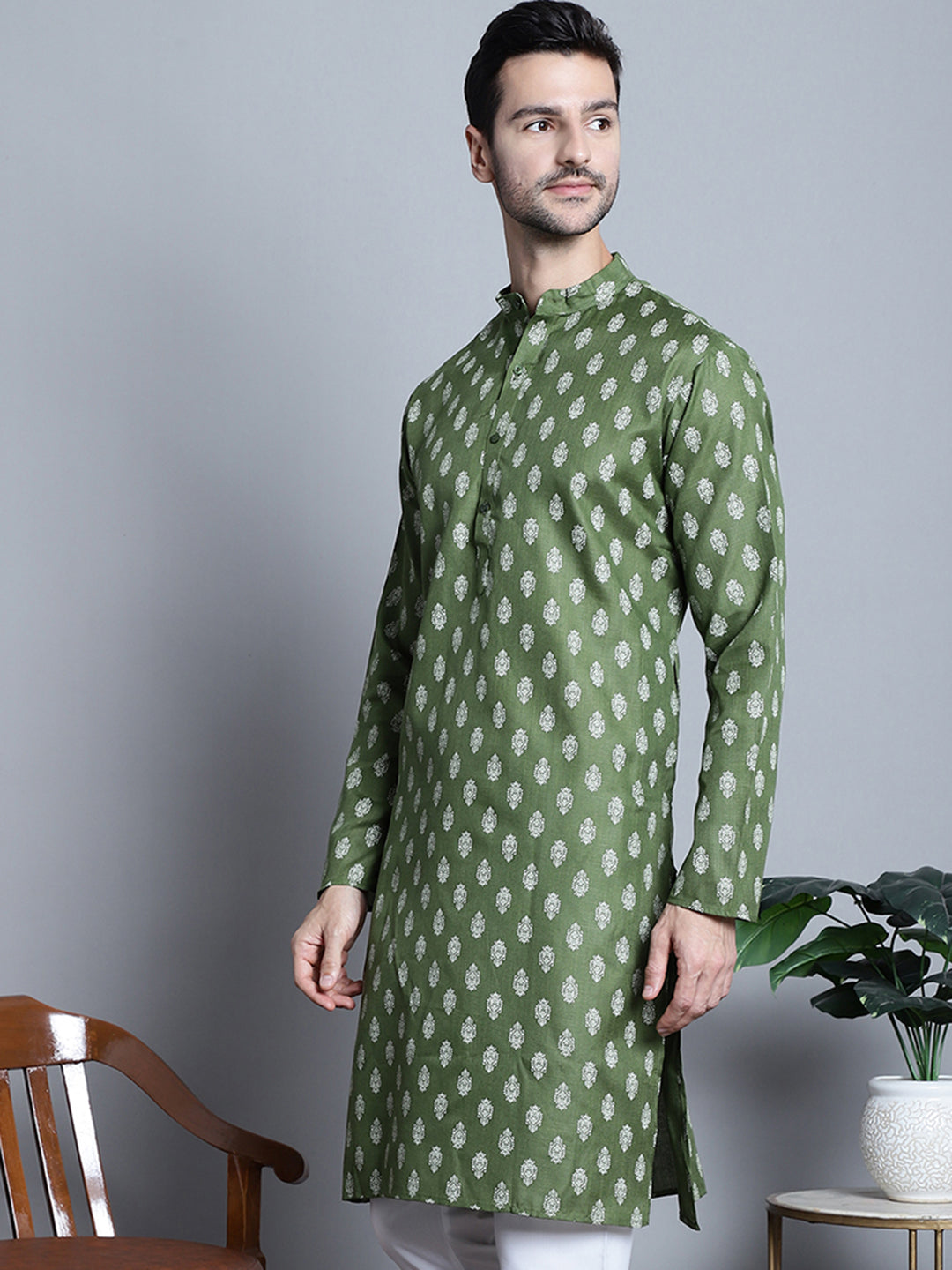 Jompers Men's Cotton Floral printed Kurta Only - Olive - Distacart