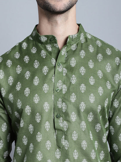 Jompers Men's Cotton Floral printed Kurta Only - Olive - Distacart