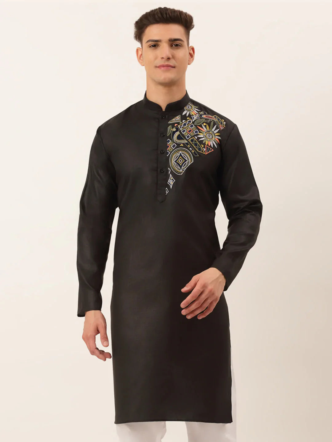 Jompers Men's Cotton Embroidered Kurta - Black - Distacart