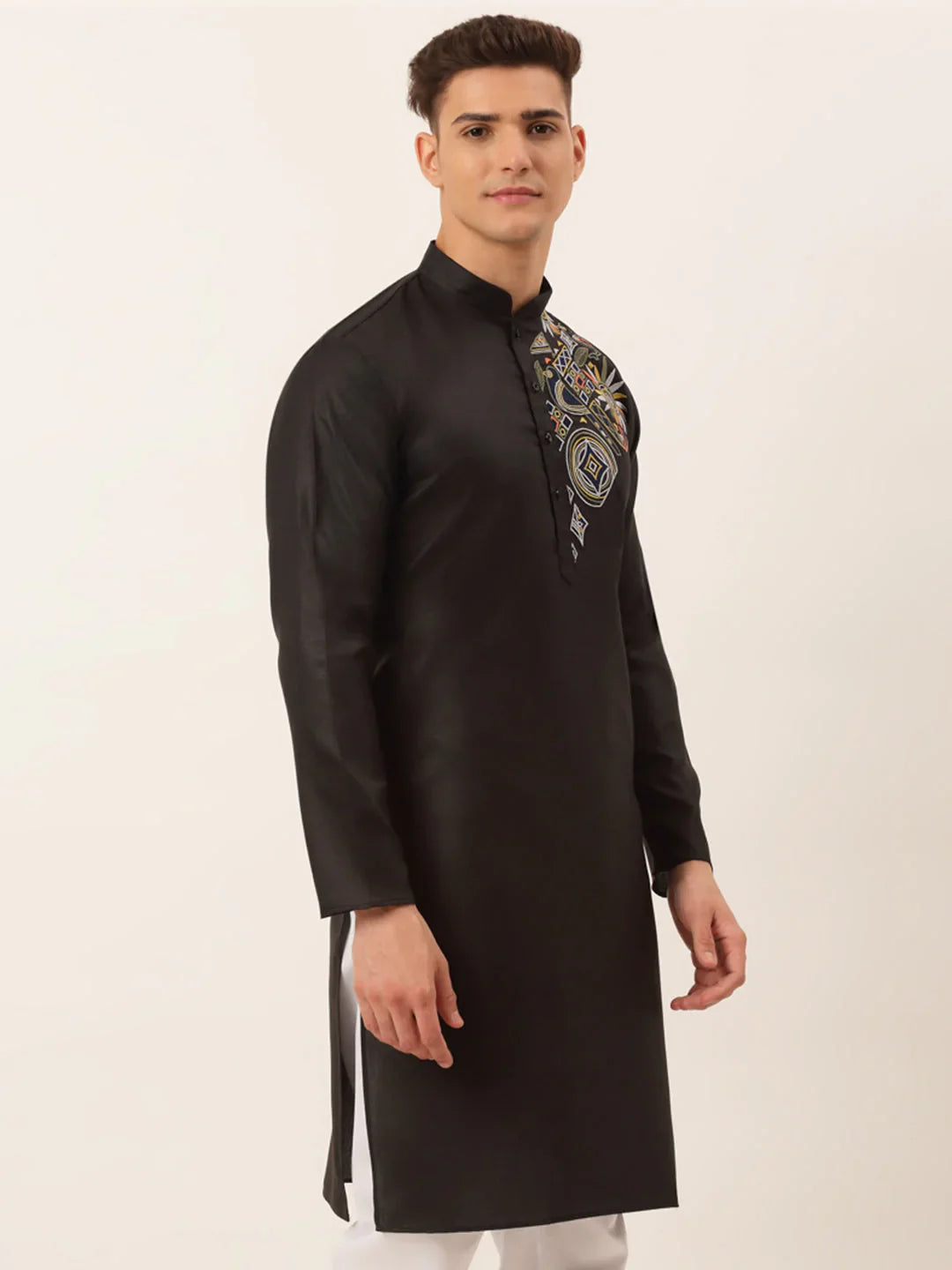 Jompers Men's Cotton Embroidered Kurta - Black - Distacart