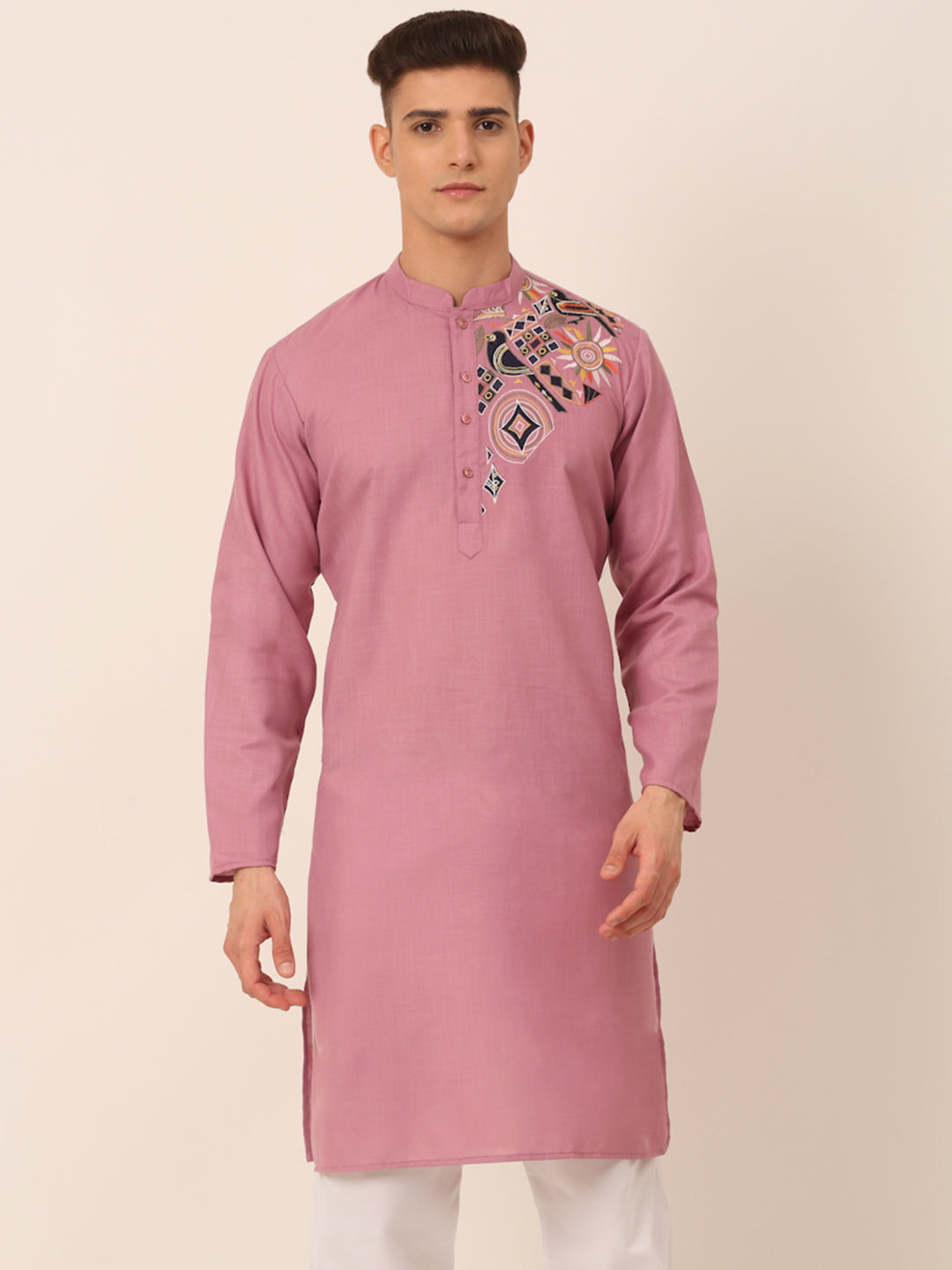 Jompers Men's Cotton Embroidered Kurta - Magenta - Distacart
