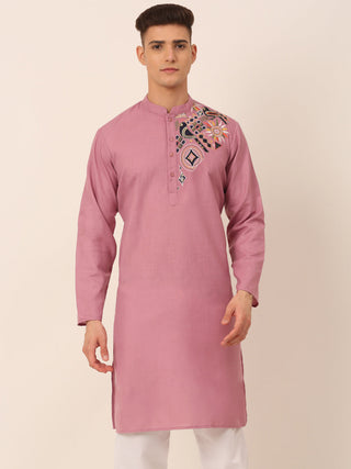 Jompers Men's Cotton Embroidered Kurta - Magenta - Distacart