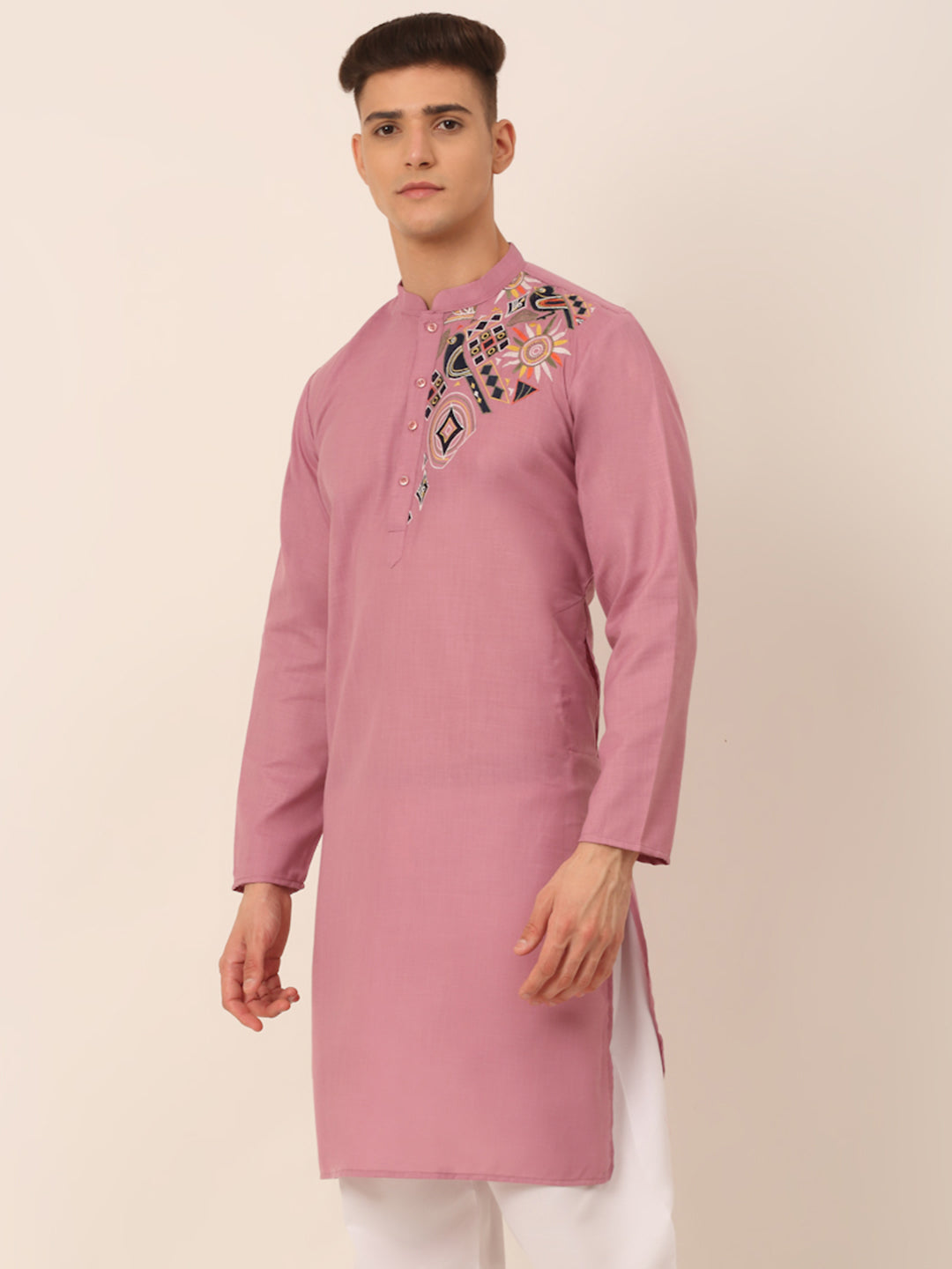 Jompers Men's Cotton Embroidered Kurta - Magenta - Distacart