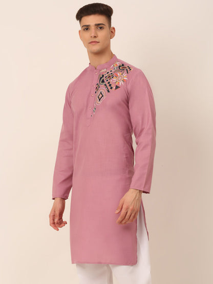 Jompers Men's Cotton Embroidered Kurta - Magenta - Distacart