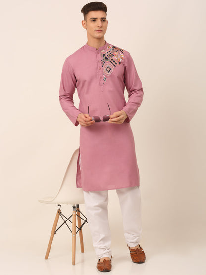 Jompers Men's Cotton Embroidered Kurta - Magenta - Distacart