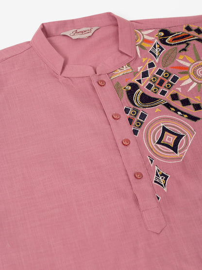 Jompers Men's Cotton Embroidered Kurta - Magenta - Distacart