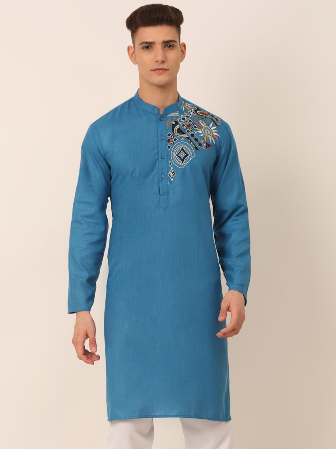 Jompers Men's Cotton Embroidered Kurta - Peacock - Distacart