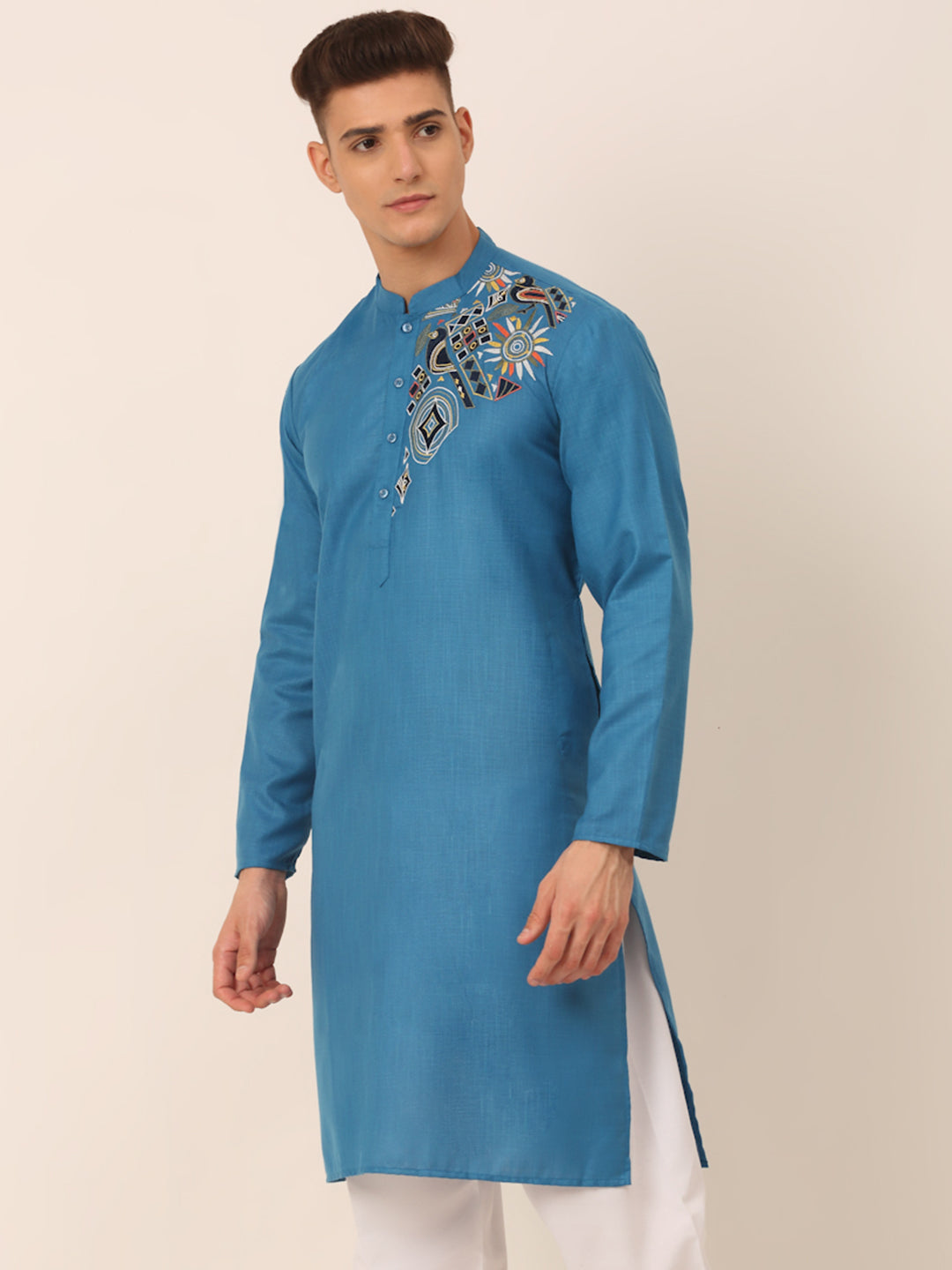 Jompers Men's Cotton Embroidered Kurta - Peacock - Distacart