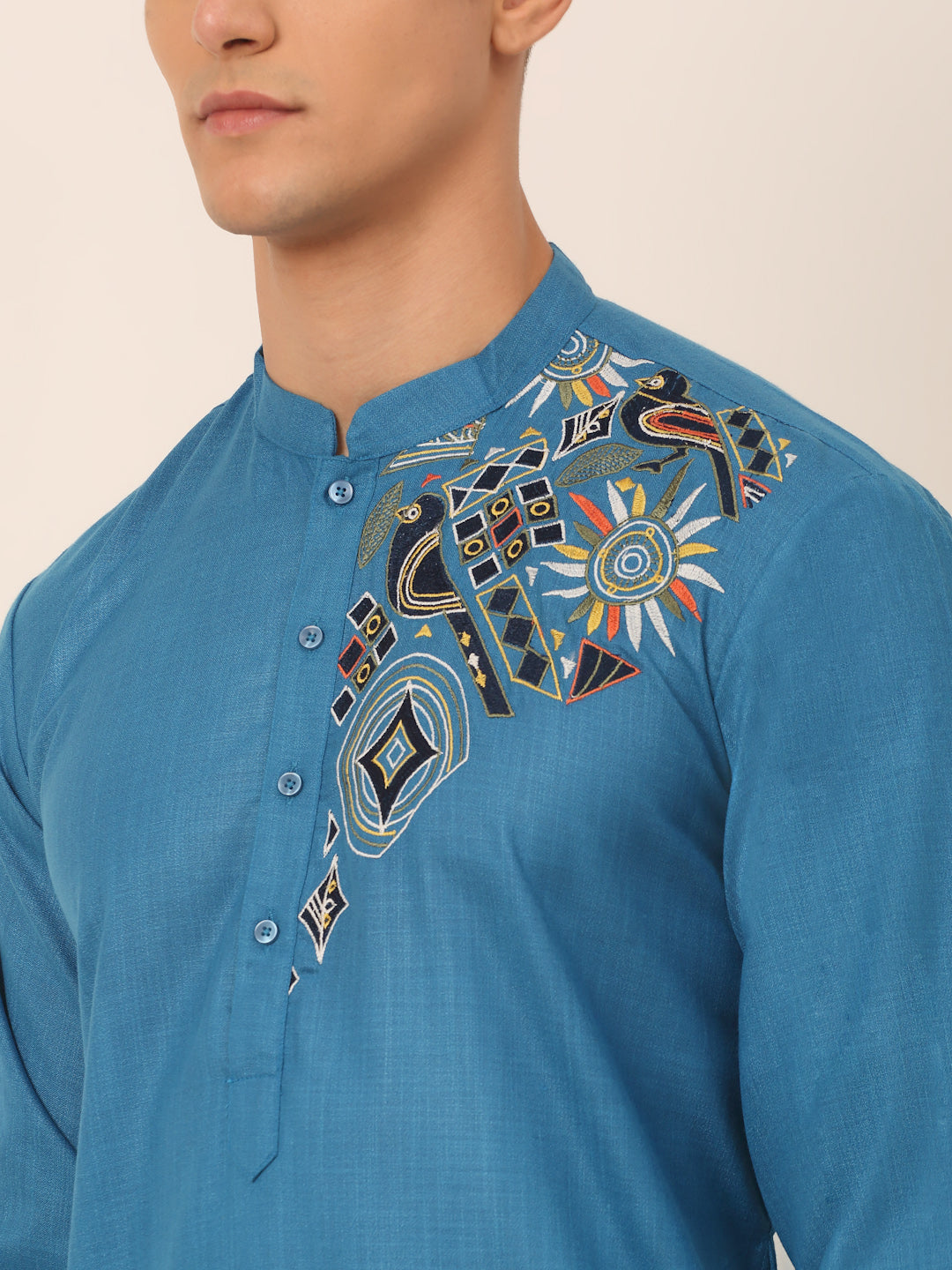 Jompers Men's Cotton Embroidered Kurta - Peacock - Distacart