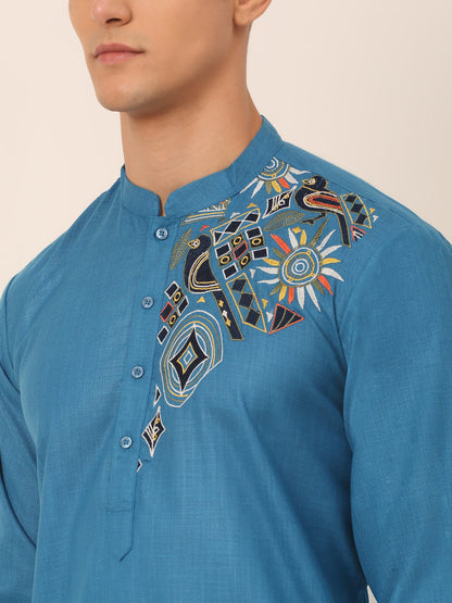 Jompers Men's Cotton Embroidered Kurta - Peacock - Distacart