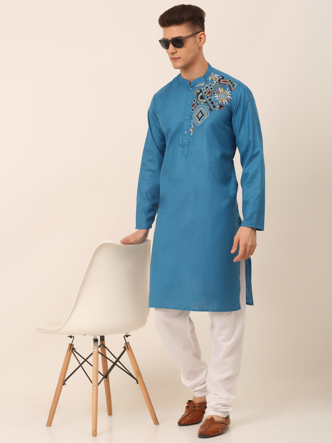 Jompers Men's Cotton Embroidered Kurta - Peacock - Distacart
