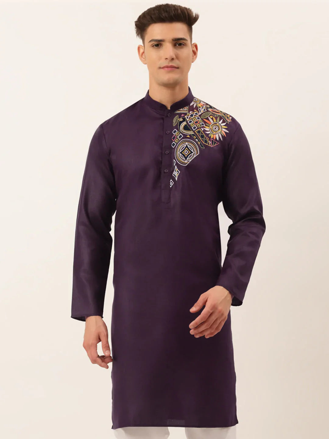 Jompers Men's Cotton Embroidered Kurta - Purple - Distacart