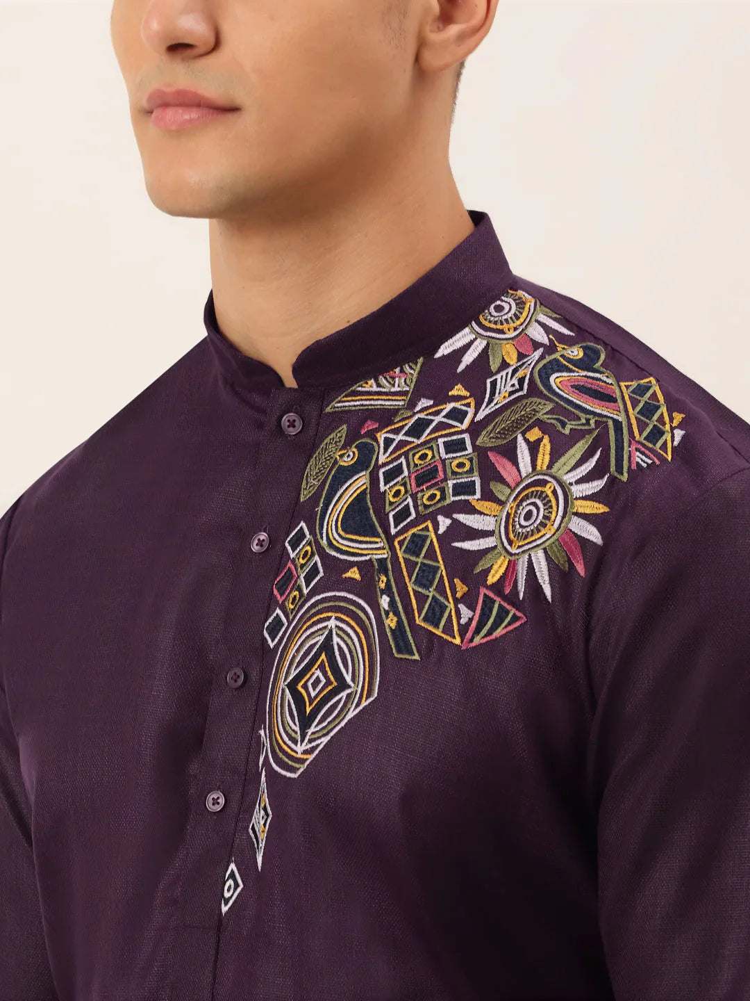 Jompers Men's Cotton Embroidered Kurta - Purple - Distacart