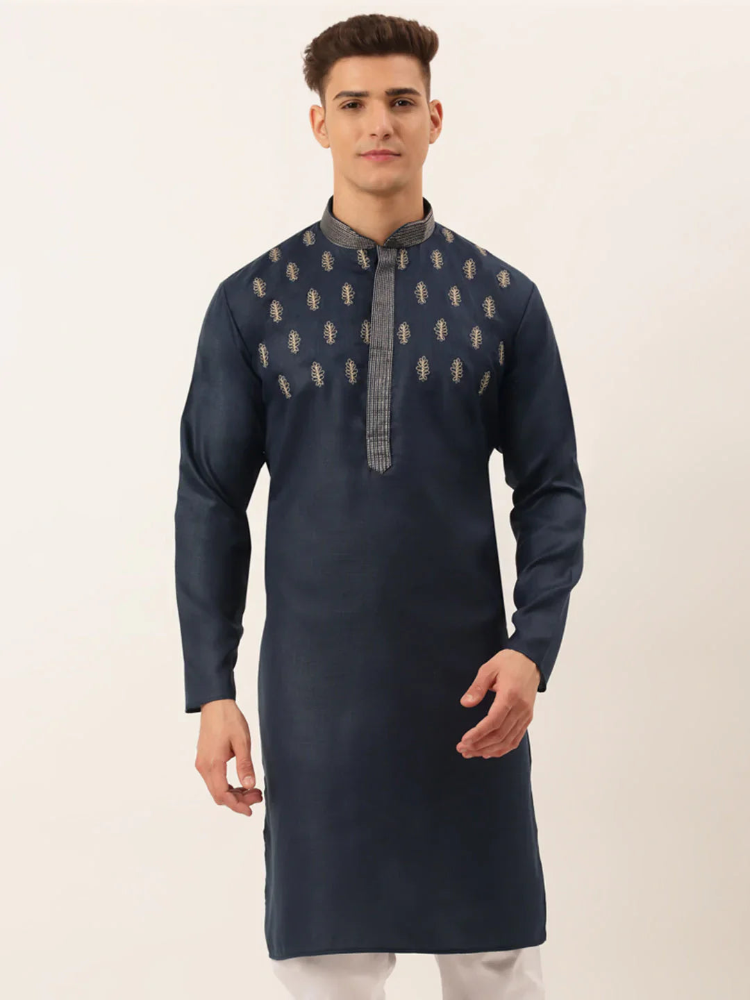 Jompers Men's Cotton Embroidered Kurta - Navy Blue - Distacart