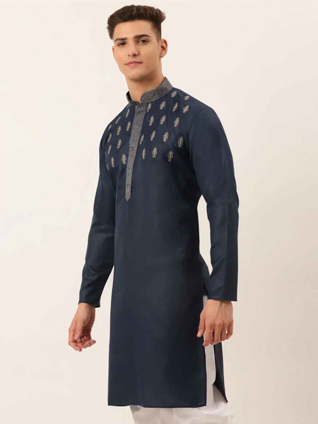 Jompers Men's Cotton Embroidered Kurta - Navy Blue - Distacart