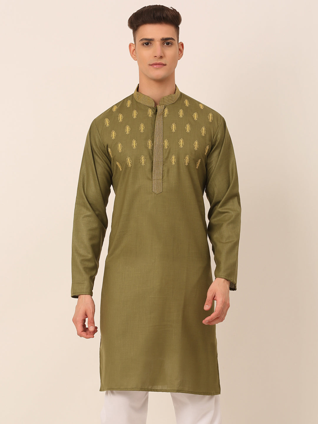 Jompers Men's Olive Green Embroidered Kurta - Distacart