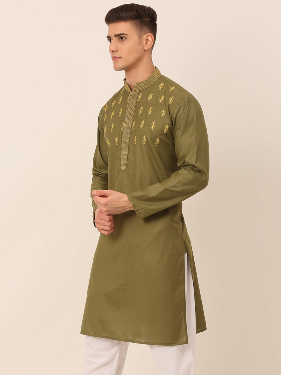 Jompers Men's Olive Green Embroidered Kurta - Distacart