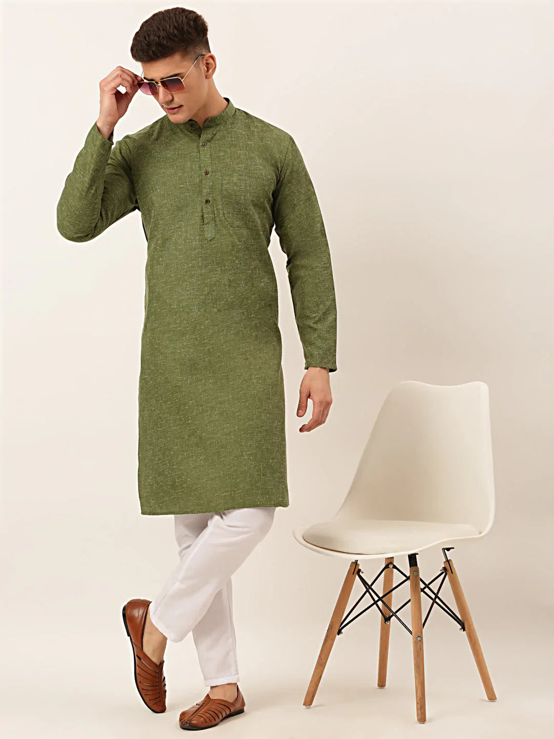 Jompers Men's Cotton Solid Kurta - Olive - Distacart