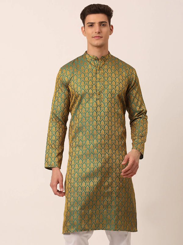 Jompers Men's Woven Design Jacquard Kurta - Green - Distacart