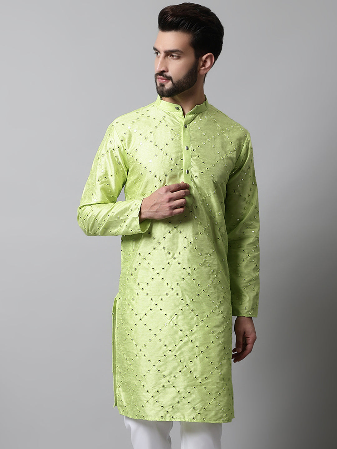 Jompers Men's Lime Green Embroidered Mirror Work Dupion Silk Kurta - Distacart