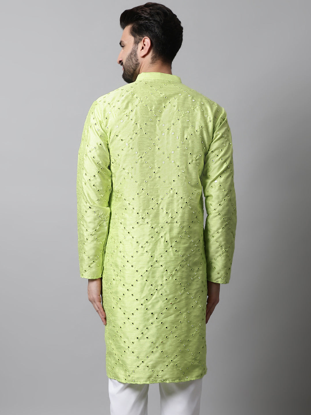 Jompers Men's Lime Green Embroidered Mirror Work Dupion Silk Kurta - Distacart