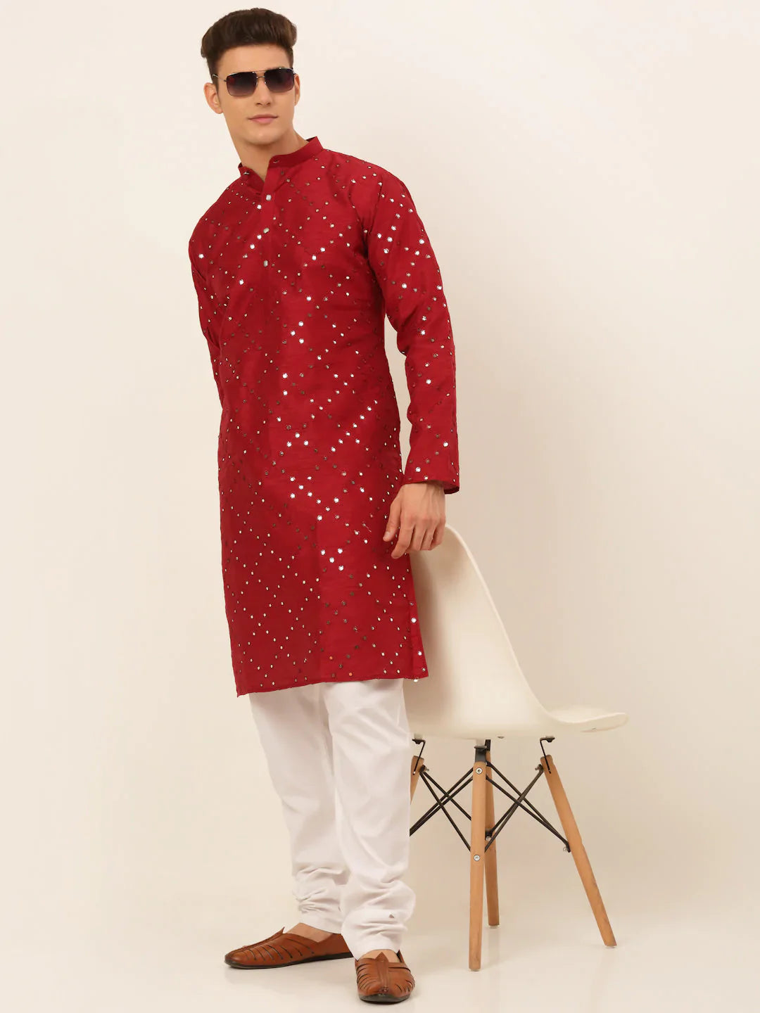 Jompers Men's Maroon Mirror Work Kurta Only - Distacart