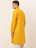Thumbnail for Jompers Men's Dupion Silk Embroidered Kurta - Mustard - Distacart