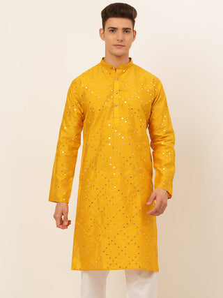 Jompers Men's Dupion Silk Embroidered Kurta - Mustard - Distacart