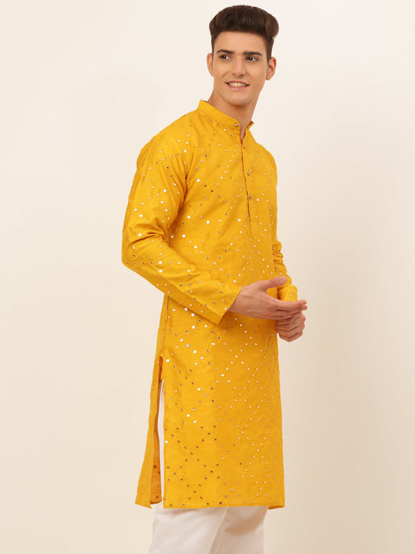 Jompers Men's Dupion Silk Embroidered Kurta - Mustard - Distacart