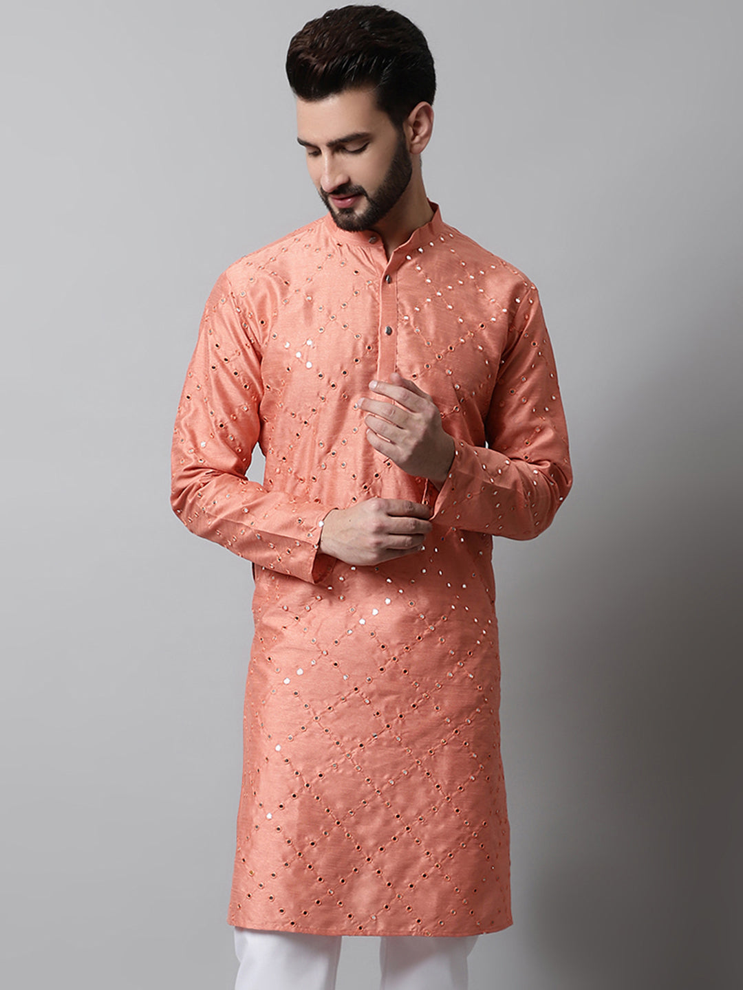 Jompers Men's Peach Embroidered Mirror Work Dupion Silk Kurta - Distacart