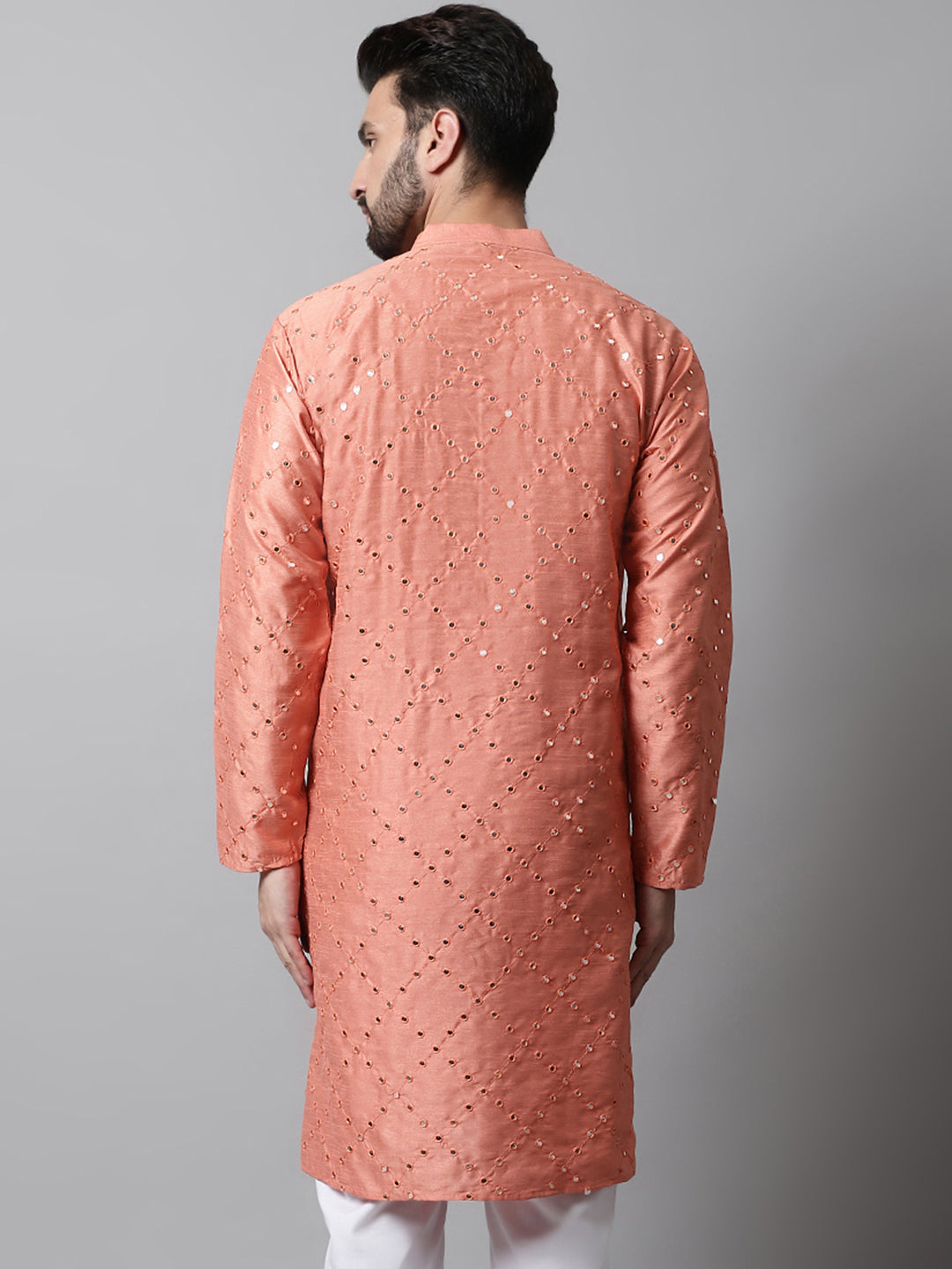 Jompers Men's Peach Embroidered Mirror Work Dupion Silk Kurta - Distacart