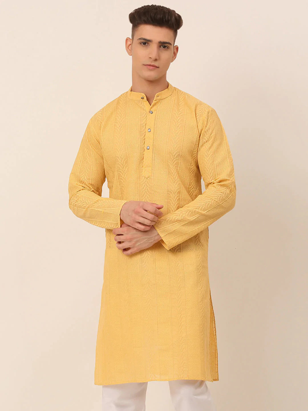 Jompers Men's Pure Cottom Embroidered Kurta Only - Beige - Distacart