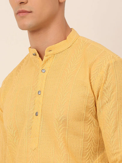Jompers Men's Pure Cottom Embroidered Kurta Only - Beige - Distacart