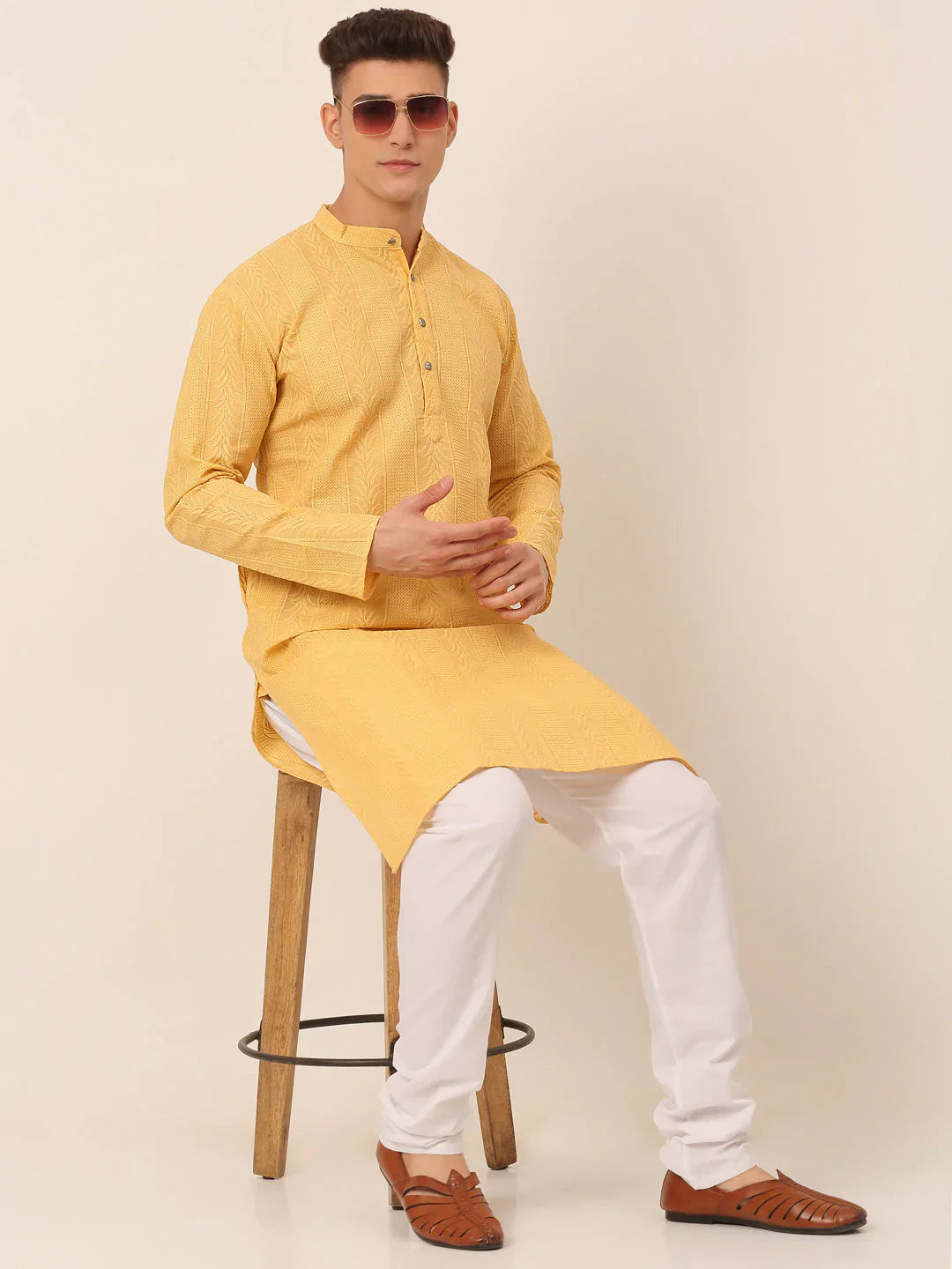 Jompers Men's Pure Cottom Embroidered Kurta Only - Beige - Distacart