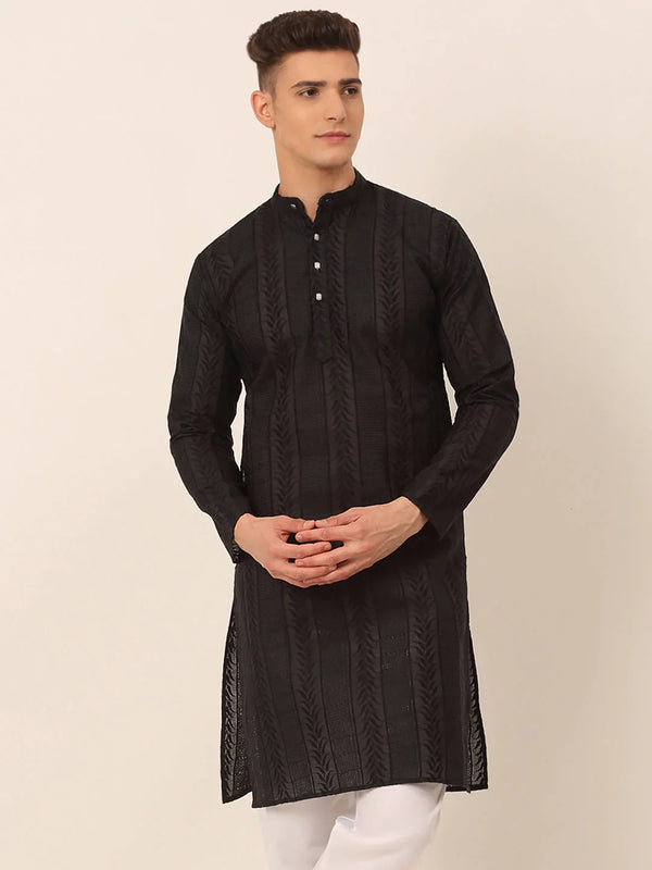 Jompers Men's Pure Cottom Embroidered Kurta Only - Black - Distacart