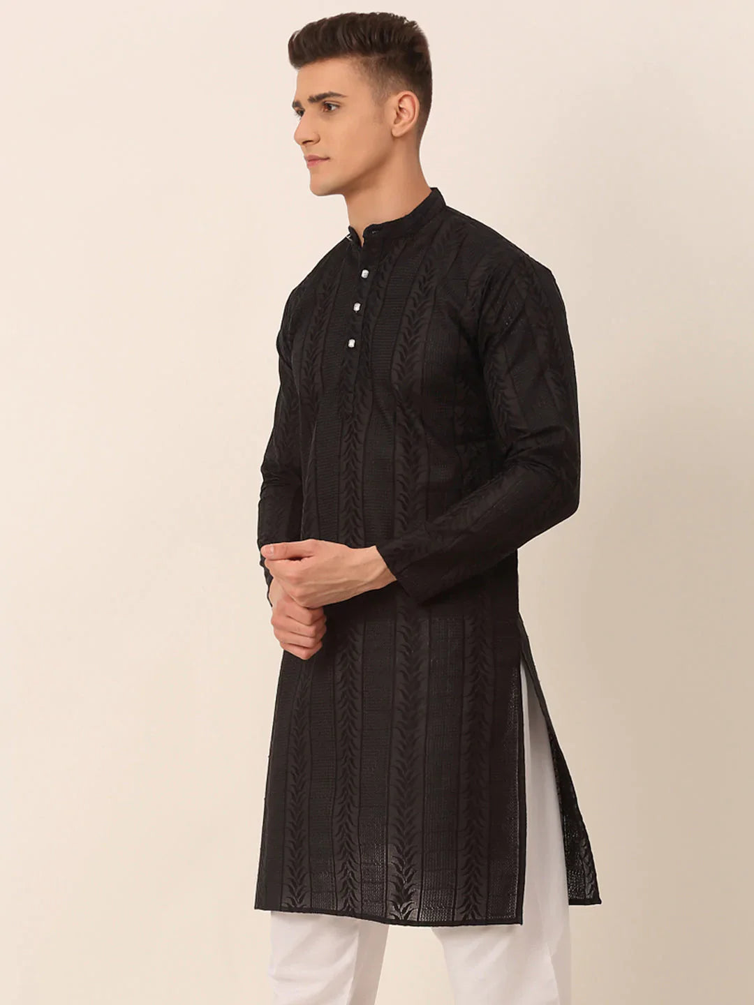 Jompers Men's Pure Cottom Embroidered Kurta Only - Black - Distacart