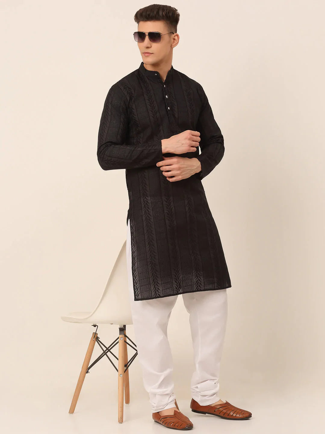 Jompers Men's Pure Cottom Embroidered Kurta Only - Black - Distacart
