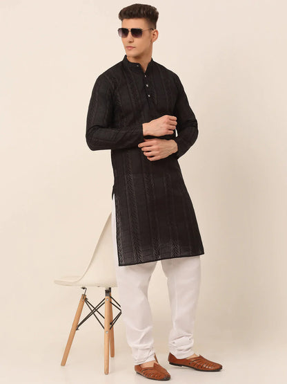 Jompers Men's Pure Cottom Embroidered Kurta Only - Black - Distacart