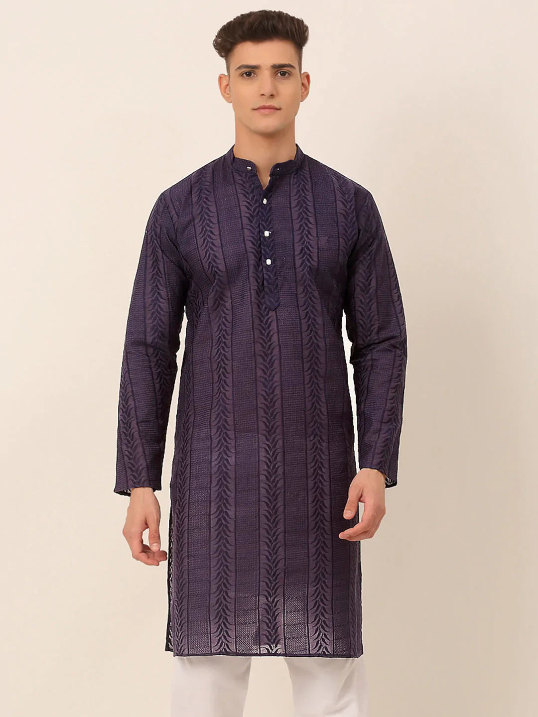 Jompers Men's Pure Cottom Embroidered Kurta Only - Navy Blue - Distacart