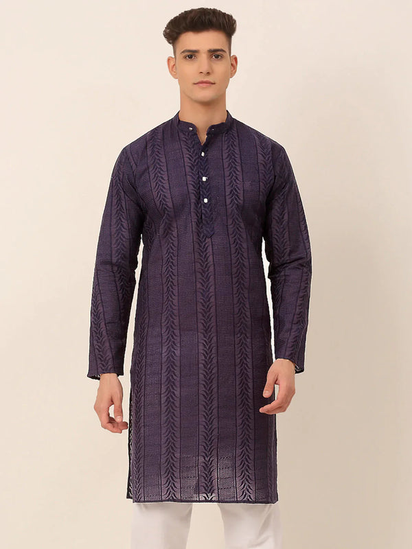 Jompers Men's Pure Cottom Embroidered Kurta Only - Navy Blue - Distacart