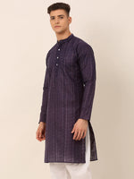 Thumbnail for Jompers Men's Pure Cottom Embroidered Kurta Only - Navy Blue - Distacart