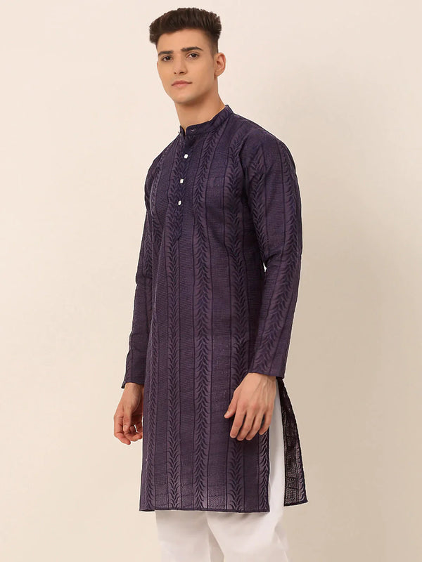 Jompers Men's Pure Cottom Embroidered Kurta Only - Navy Blue - Distacart